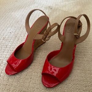 Tory Burch Red Patent Leather Open-Toe Slingback Sandals with Tan Straps